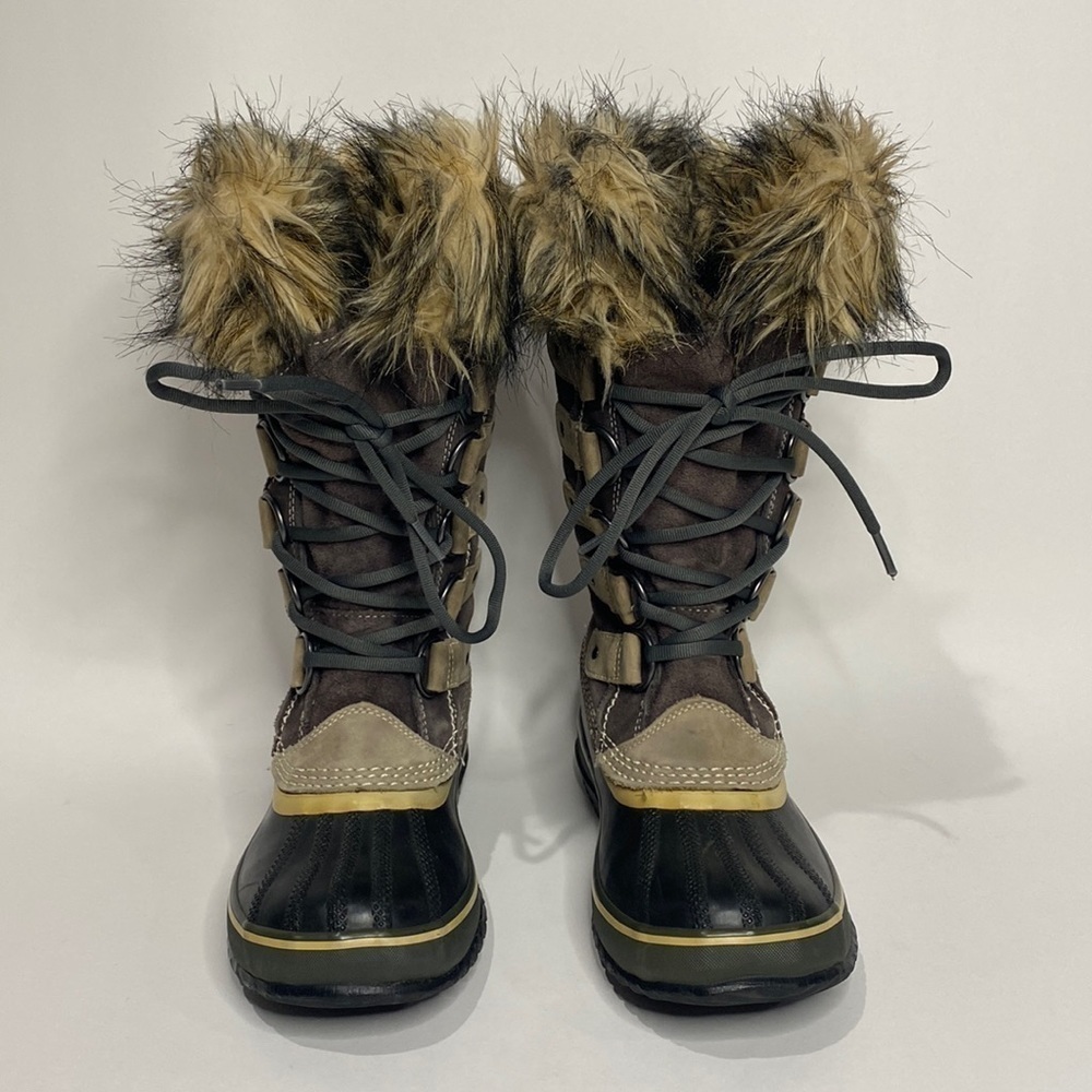 SOREL JOAN OF ARCTIC SNOW BOOTS FAUX FUR WATERPROOF BLACK & TAUPE WOMEN’S SZ 5